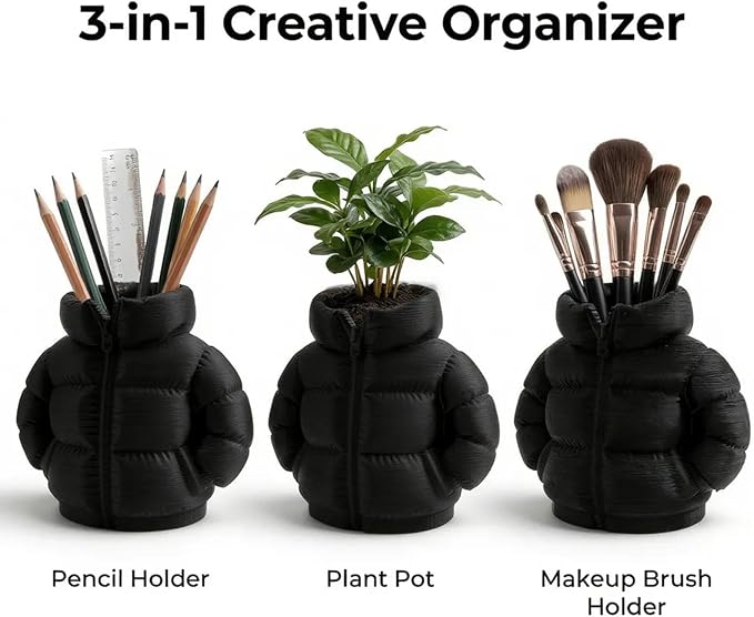 YOKUSHI Down Jacket Pen Holder, 3D Printed Funny Puffer Jacket Pencil Holder, Creative Desk Organizer for Office Supplies, Cute Unique Stationery Holder for Desk, Quirky Gift for Women Men (Black)