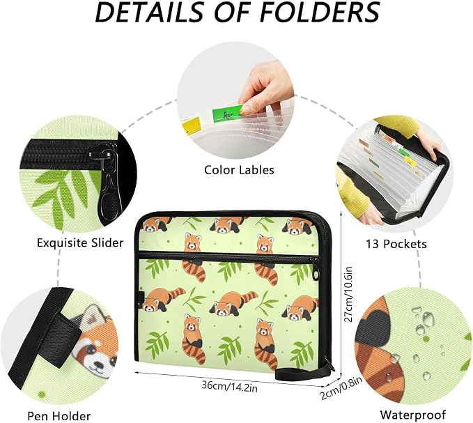 13 Pockets Expanding File Folder Cute Red Panda and Bamboo with Sticky Labels Accordion File Folder Document Organizer Letter Size A4 Papers Expandable File Keeper