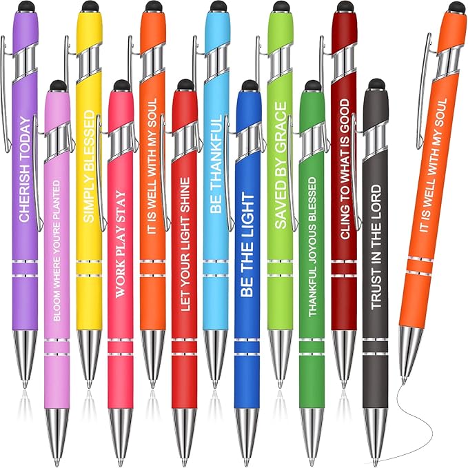 Zonon 12 Pcs Inspirational Pens Gift Set Funny Ballpoint Pen with Stylus Tip Motivational Graduation Gifts Bulk for Teacher Coworkers Nurse School Office Supplies(Fresh Color,Bible Style)