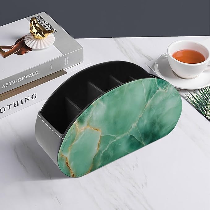 Marble Jade Stone Remote Control Holder with 5 Compartments Leather TV Remote Caddy Remote Storage Box Desktop Organizer for Pen/TV Remotes/Media Controllers/Office Supplies