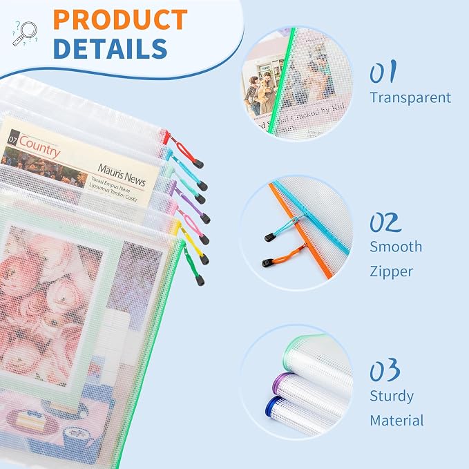 Umriox 16PCS Zipper Pouch, Mesh Bags with Zipper, 16 Color A4/Letter Size Pouches for Organization, Clear Zipper Pouches for Puzzles, Board Games, Craft Projects
