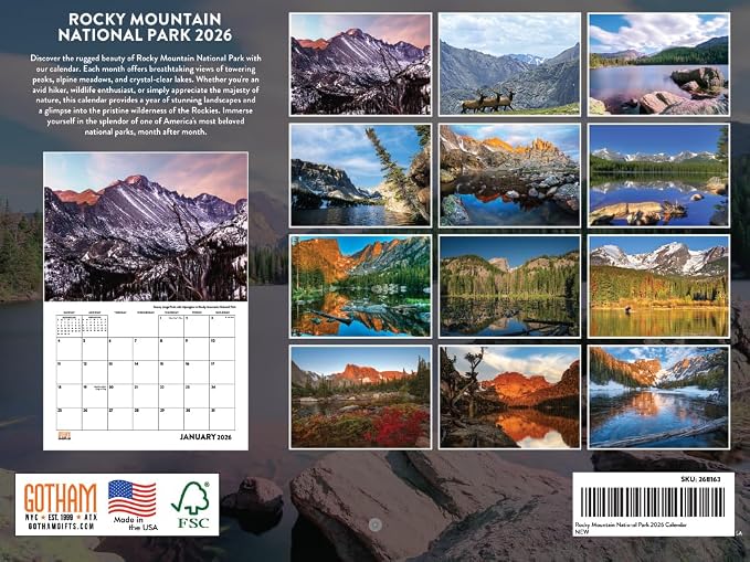 Rocky Mountain National Park Calendar 2026 Colorado Mountains The Rockies Monthly Wall Calender 12 Month | American Made In The USA