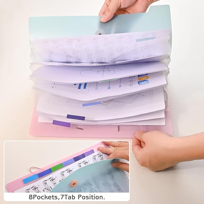 2Pcs 8 Pockets Expanding File Folders, A4 Size Accordion File Organizer with Labels, Aesthetic Plastic Document Organizer for School and Office Supplies (Blue & Pink)