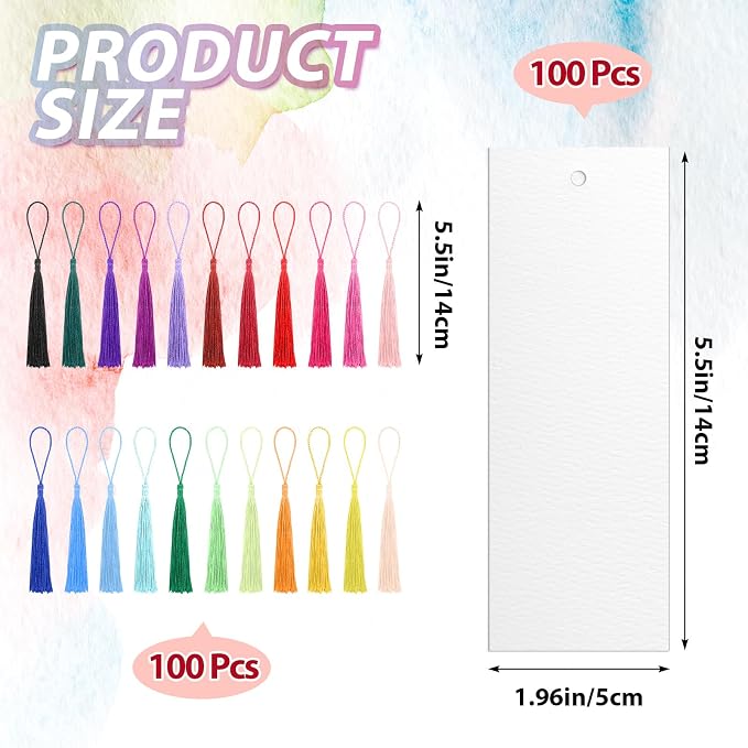 Skyygemm 200 Pcs Watercolor Paper Blank Bookmarks with Colorful Tassels DIY Book Marks Kit Cotton Watercolor Paper Bookmarks with Hole Bookmark Pad for DIY Classroom and Gifts Tags, 5.5 x 2 Inches