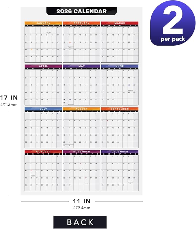 2026 Full Desk Calendar - 11 x 17” Large Size 12 Month Wall Planner for Office and Homes - 2 Sided Vertical and Horizontal Reversible - Printed on Thick & Durable 80lb Cardstock (216 gsm) - 2 Per Pack