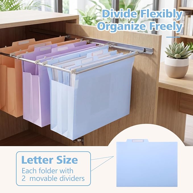 Plastic Extra Capacity Hanging File Folder Folders, 4" Expansion Hanging Organizer Designed for Bulky Files,Letter Size, Retractable Hooks,Movable Dividers, Insertable Tabs, 6 Pack