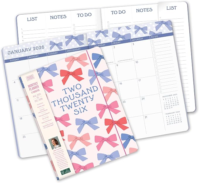 Orange Circle Studio Academic Planner 2026, Sweet Bows, Just Right Monthly Planner, To-Do List Notebook, Appointment Book w/Storage Pocket & Elastic Closure, Composition Notebook, 17-Month