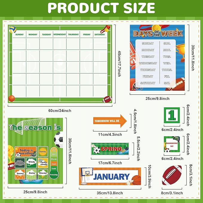 Sports Football Calendar Bulletin Board Set for Classroom Decoration Basketball Soccer Calendar Seasons Weather Chart Sport CTP Bulletin Board Paper-Cuts for Teachers Elementary School Classroom