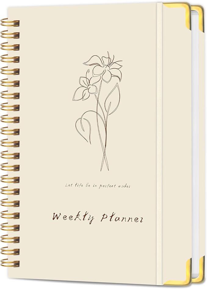 Undated Weekly Planner with Metal Corner Hardcover Notebook , A5 Size Journal with To Do List Planner, Habit Tracker,Weekly Goals for ADHD,Student, Office, Women, Men ,Gifts,6 x 8 inches，Spiral Bindding ,Beige
