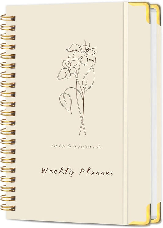 Undated Weekly Planner with Metal Corner Hardcover Notebook , A5 Size Journal with To Do List Planner, Habit Tracker,Weekly Goals for ADHD,Student, Office, Women, Men ,Gifts,6 x 8 inches，Spiral Bindding ,Beige