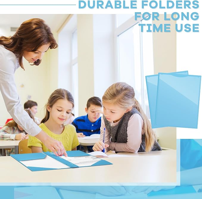 Henoyso 18 Pcs Plastic Folder with Clear Front Pocket and 3 Prong Plastic Folders with Card Slot Pocket Folders with Prongs for School Office (Light Blue)