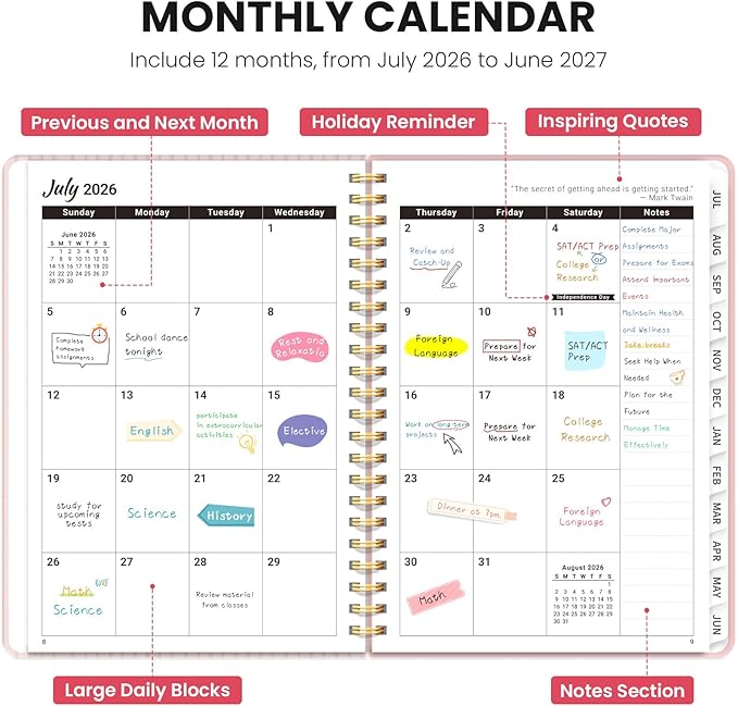 2026–2027 Academic Planner, Weekly and Monthly Planner for Women, July 2026 - June 2027, Pretty Hardcover 2026–2027 Academic Planner with Tabs, Inner Pocket, Spiral Bound, Perfect Office Home School Supplies - 6.3" x 8.5", Ribbon Wreath