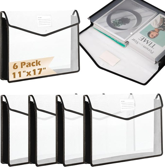 6 PCS 11 x 17 Inch Expandable Tabloid Size Document Folder with Label A3 Plastic Folders for Documents Black Expanding File Wallet Envelope Size Waterproof Clear Plastic File Pouch for Office