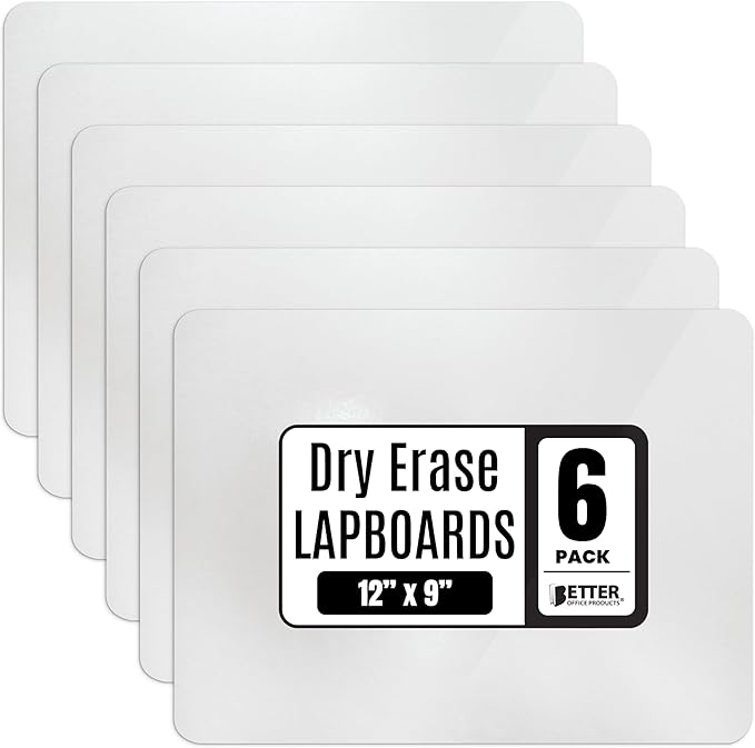 Better Office Products Premium Dry Erase Boards, 9" x 12", Double Sided Lapboards, Small White Board Pack, Classroom Lapboards for Students, (6 Pack)
