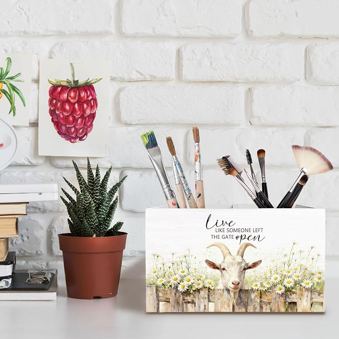 Rustic Daisy Floral Goat Pen Holder for Desk, Gifts for Goat Lovers Pencil Organizer, Live Like Someone Left the Gate Open Wooden Box Sign Desk Decor for Home Office Decoration