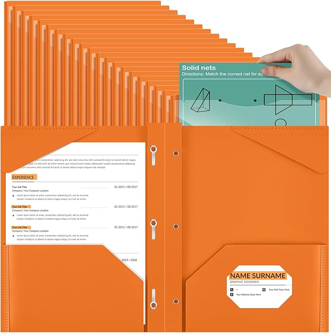 Henoyso 72 Pcs Plastic Folder with Clear Front Pocket and 3 Prong Plastic Folders with Card Slot Pocket Folders with Prongs for School Office (Orange)
