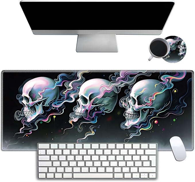 Mouse Pad Gaming Mousepad 31.5x11.8 Inch XXL Large + Coasters,Desk Mat with Stitched Edges, Non-Slip Rubber Base, Thick Mouse Pad for Computer, Laptop, Office & Home - Skull