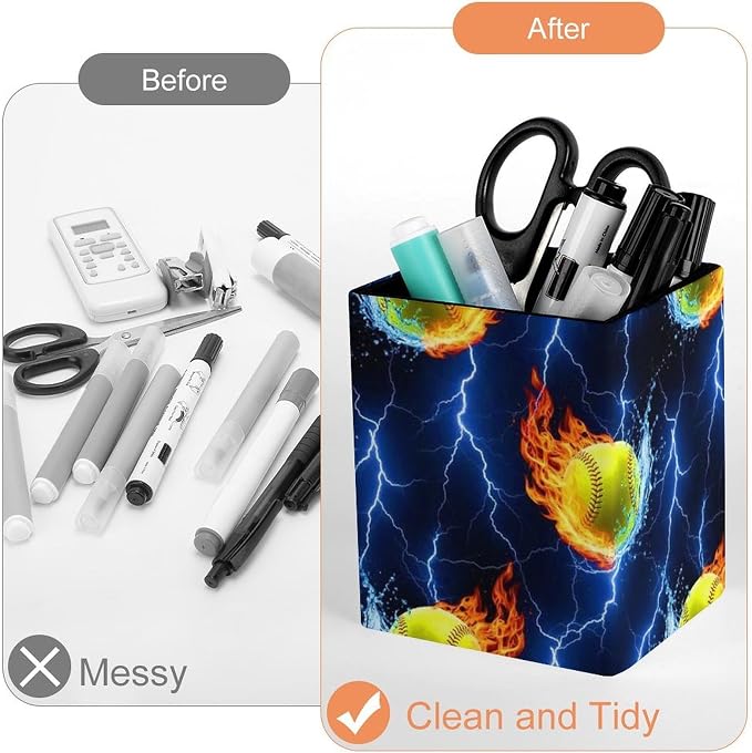 Men's Fashion Pencil Pen Holder Cup, Waterproof Office Supplies, Waterproof Multifunctional Office Supplies Blue Lightning Water Fire Flame Softball