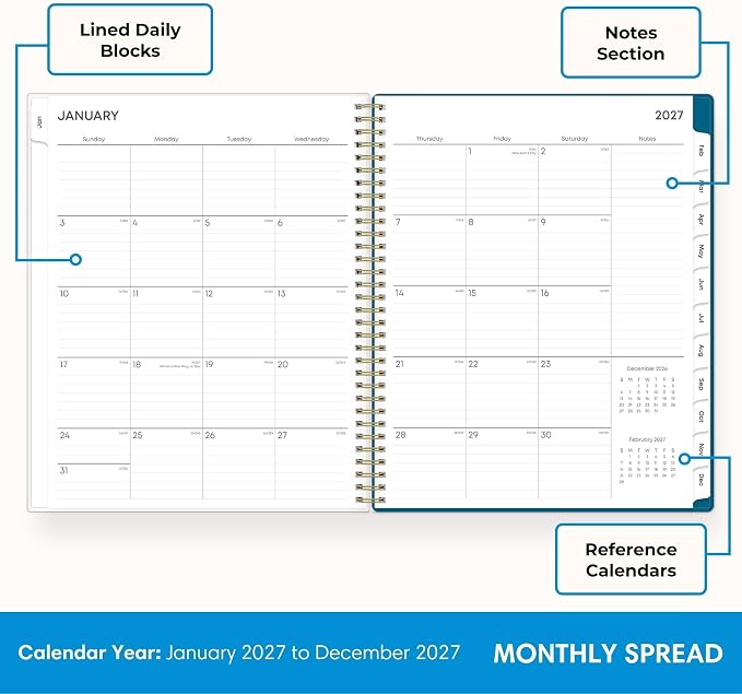 Blue Sky 2027 Weekly and Monthly Planner Calendar, January 2027 - December 2027, 8.5" x 11", Flexible Cover, Laminated Tabs, Durable Twin Wire Binding, Storage Pocket, Bakah Blue