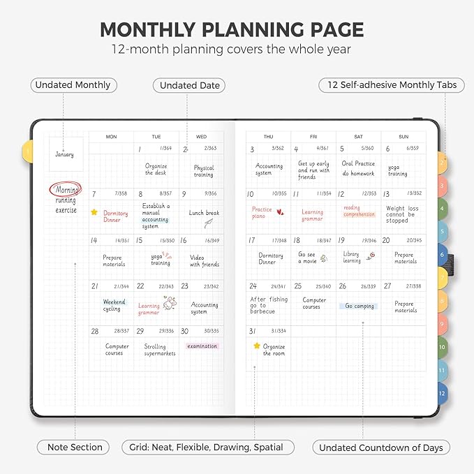Daily Planner Undated, Appointment Book for Hourly, Daily and Monthly, 365 Days, One Page a Day, Medium Size (5.7" x 8.3"), Leather Hardcover, 12 Self-adhesive Monthly Tabs (Black)
