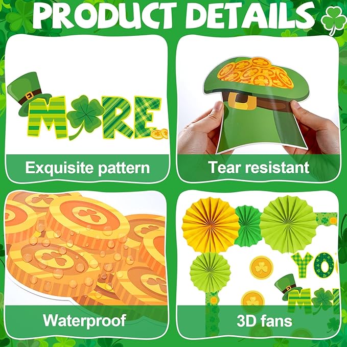 St. Patrick's Day Bulletin Board Classroom Decorations with 3D Paper Fans You are Worth More Than Gold for Lucky Shamrock Clover Gold Coin Cutouts Bulletin Board for Irish Holiday School Wall Decor