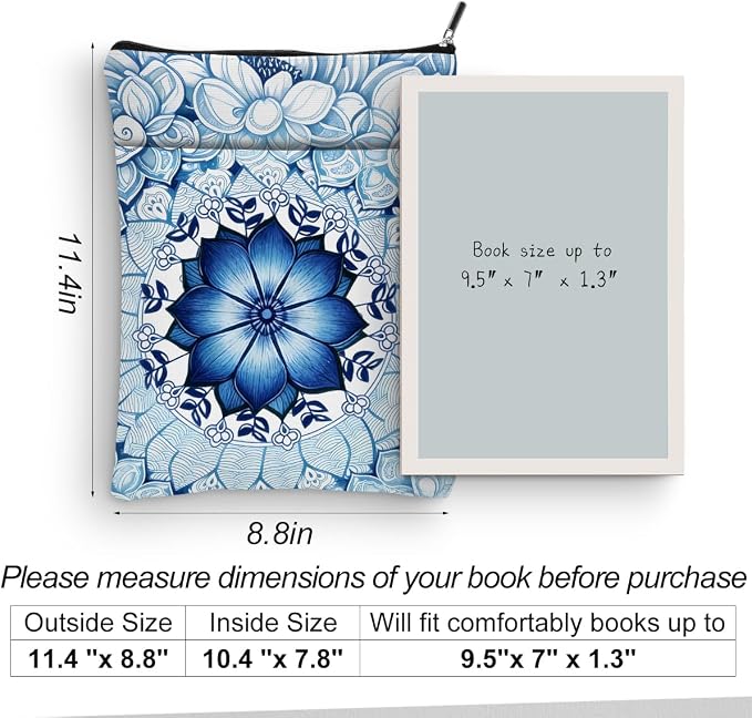 Blue Floral Bible Book Sleeve, Book Lovers Gifts Sleeve with Zipper & Front Pocket, 11.4x8.8 Inch Canvas Books Cover Protector Bookish Bible Gifts for Readers Librarian Women Teacher