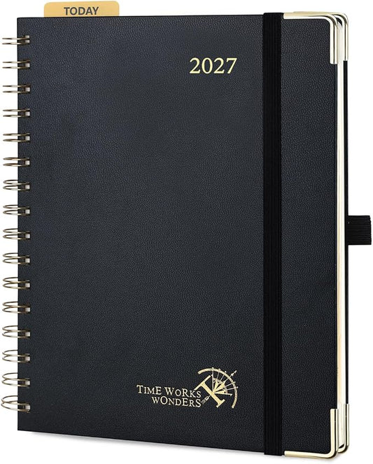POPRUN 2027 Planner Daily Weekly and Monthly Calendar with Hourly Schedule(Medium Size 8.5'' x 6.25'' Wire-Bound Hard Cover) - Agenda 2026 (Jan.2027-Dec.2027), Monthly Tabs - Black