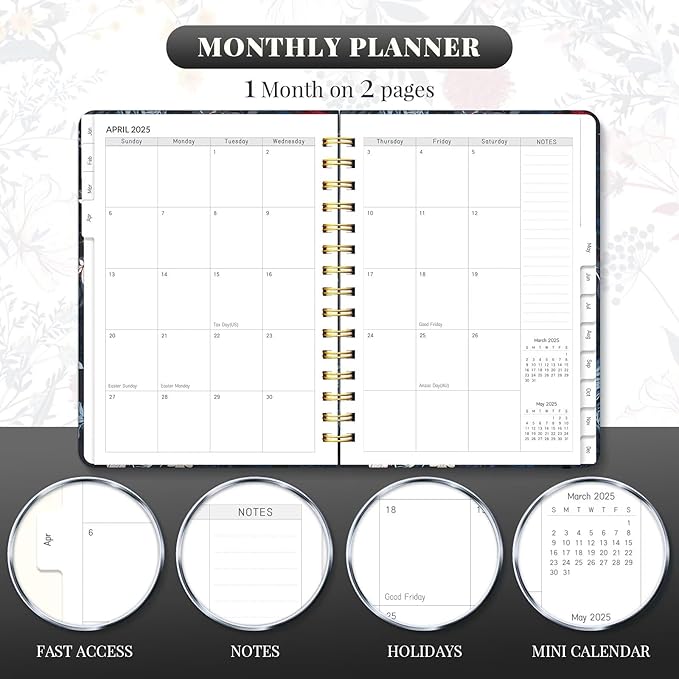 2025 Planner, 12 Month Calendars for Daily and Monthly Planner 2025, A5 Spiral Bound Weekly Planners with Tabs, Day Agenda Organizers from Jan. to Dec. (Black Bloss)