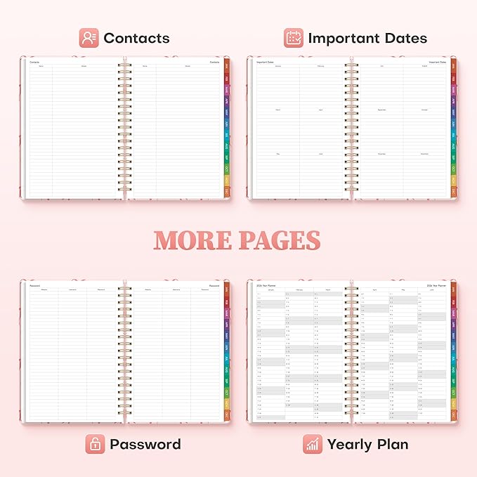 2026 Planner Weekly and Monthly, Jan.2026 - Dec.2026, Hardcover Calendar 2026 Agenda Daily Planner Book Spiral Notebook with Monthly Tabs, 7.4" x 10.2", Pink Bow