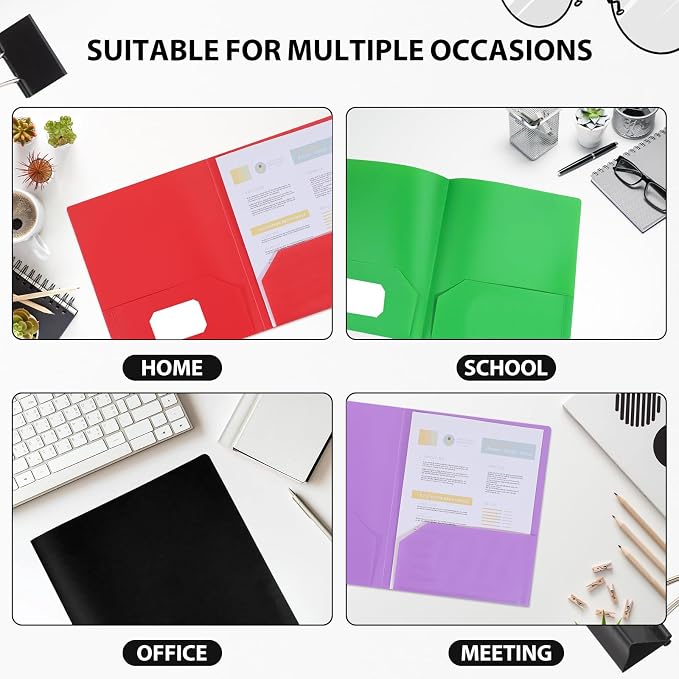 Plastic Folders with Pockets, 2 Pocket Folders for Letter Size 8.5 x 11 Paper, 6 Rainbow Colors, Colored School Folders with Business Card Slot, Back to School Supplies for Students, Office