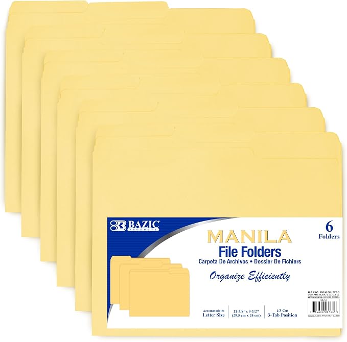 BAZIC Products Letter Size Manila File Folders, 1/3-Cut Tab, 6 Pack, for Office Filing, Case of 48
