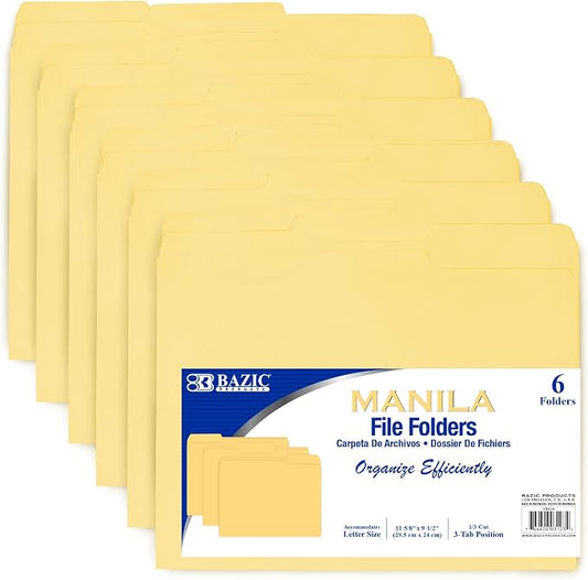 BAZIC Manila File Folder 1/3 Cut Letter Size, Left Right Center Tabs Positions, for Organizing Filing Document Storage, Total 6-Count