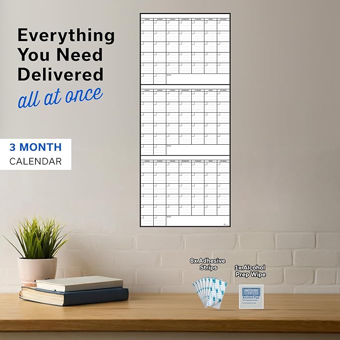3 Month Dry Erase Calendar for Wall, 40x17, 3 Month Wall Calendar Dry Erase, Big White Board for Office, Home & School, Giant Erasable Whiteboard, Jumbo Monthly Undated Reusable White Board Planner