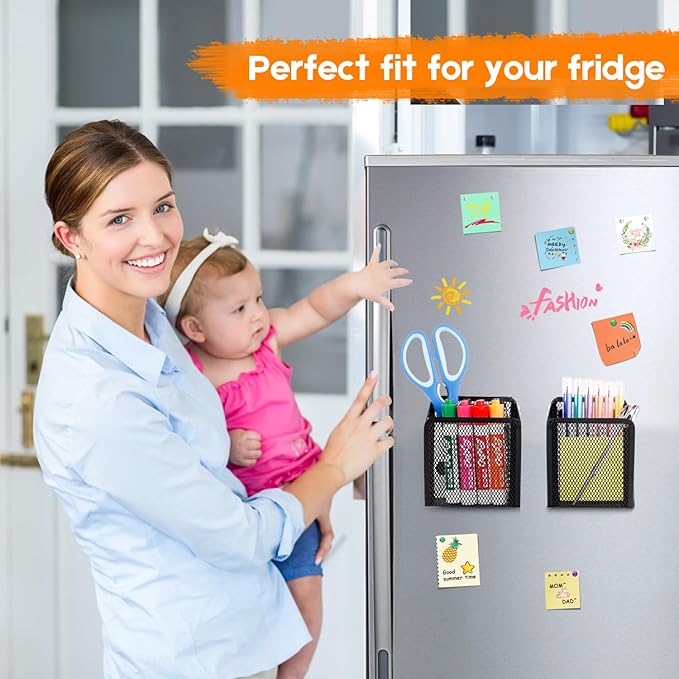 Ameceres Magnetic Pencil Holder - Extra Strong Magnets Mesh Marker Holder Perfect for Whiteboard, Refrigerator and Locker Accessories (1-Compartment (2 Packs))