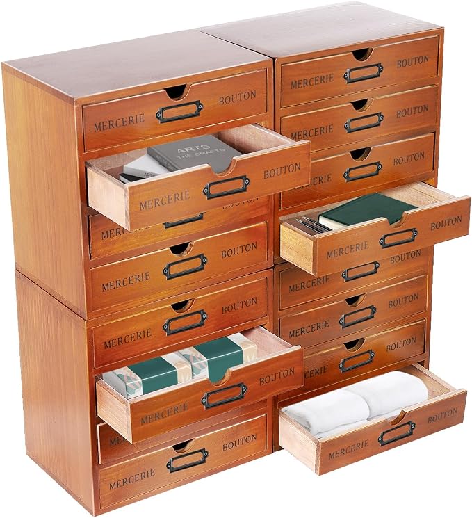 Vintage Drawer Wooden Drawers Organizer, Stackable Tiered Set of 4 Store Desktop Cabinets, 16-Drawer Desktop Organizer With Drawers, Metal Label Holder for Files Letters Herbs, Apothecary Cabinet