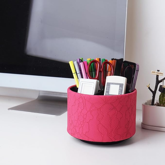 Round Leather Art Supply Organizer,Remote Control Holder,360 Degree Spinning,Multi-Functional Pencil Holder,4 Compartments Desktop Stationary Organizer(1-Lace Flower Rose Red)