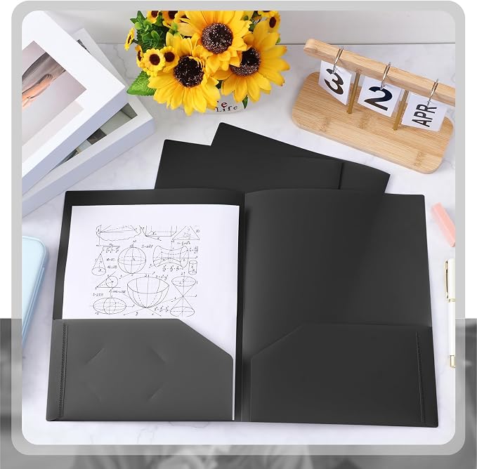 Gueevin 100 Pack Plastic Folder with Pockets, 2 Pocket Folders, Plastic Glossy Folders Fit Letter Size Paper, Heavy Duty Durable File Folder with Business Card for Home Office School (Black)