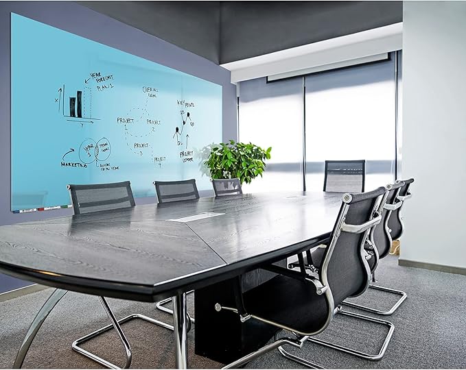 Aria 3'H x 4'W Magnetic Low Profile 1/4" Glass Whiteboard - Horizontal Blue - 4 Rare Earth Magnets, 4 Markers and Eraser