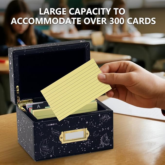 3x5 Index Card Holder, Leather Organizer Box with 300 Flash Cards, 30 Plastic Dividers & 2 Letter Stickers,Flash Recipe Card Holder Box for Home Office Kitchen (Index Card Holder-C)