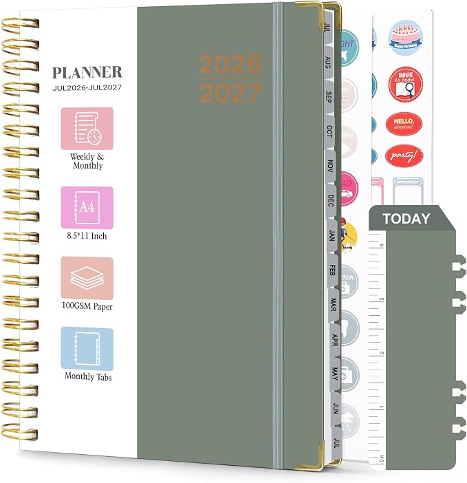 Planner 2026-2027, Weekly and Monthly Academic Planner, Jul 2026 - Jul 2027, 8.5"x11" Large Hardcover Daily Planner Calendar with Tabs for Women, Year Planning Agenda for Teacher and Student (Green)