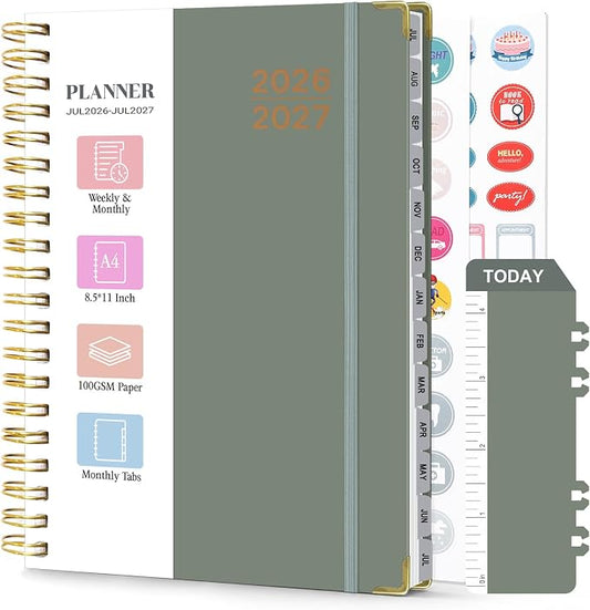 Planner 2026-2027, Weekly and Monthly Academic Planner, Jul 2026 - Jul 2027, 8.5"x11" Large Hardcover Daily Planner Calendar with Tabs for Women, Year Planning Agenda for Teacher and Student (Green)