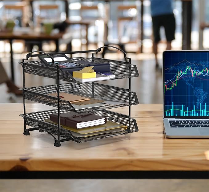 Simple Houseware 3-Tier Stackable and Sliding Desktop Document Letter Tray Organizer, Black