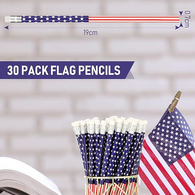 Outus 30 pcs American Flag Pencils USA Flag Patriotic Pencils with Erasers for Veterans Day, Independence Day, 4th of July Party Favors Party Favor, Office Supplies
