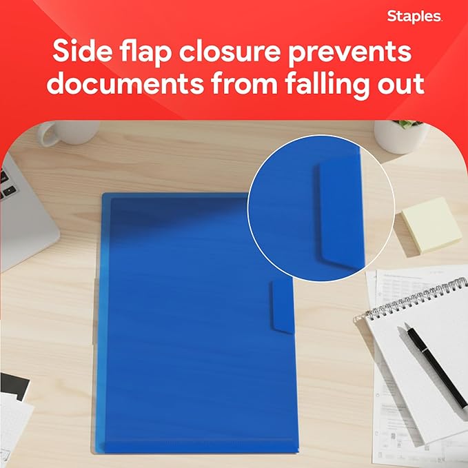 Staples Poly Project Jackets, Clear‑Front Document Sleeves, Letter Size, Durable Poly Construction, Assorted Colors – 5/Pack
