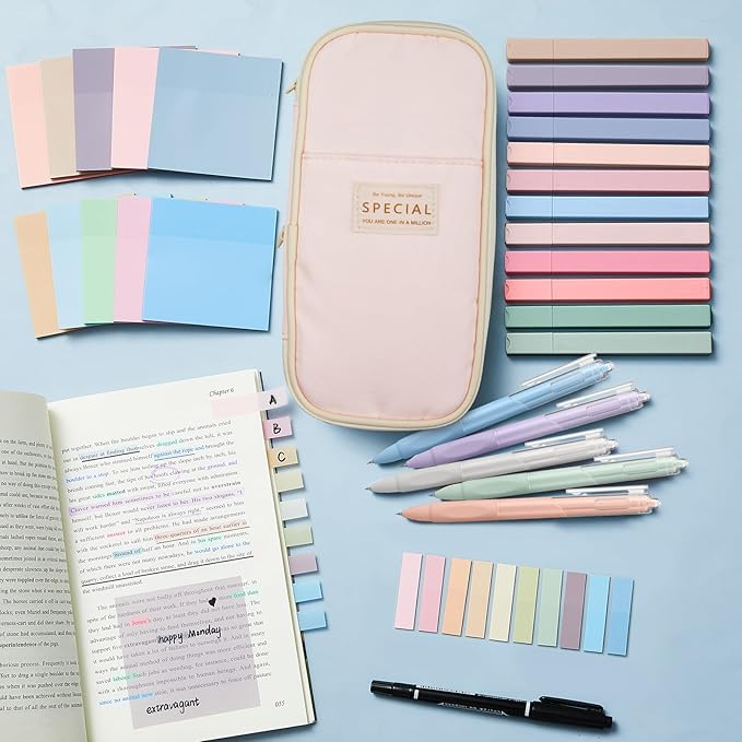 Jutom 39 Pcs Aesthetic Book Annotation Kit Highlighter with Pencil Case Bag Gel Pen Transparent Sticky Note Taking Bible Study College School Supplies(Pink,Cute Style)
