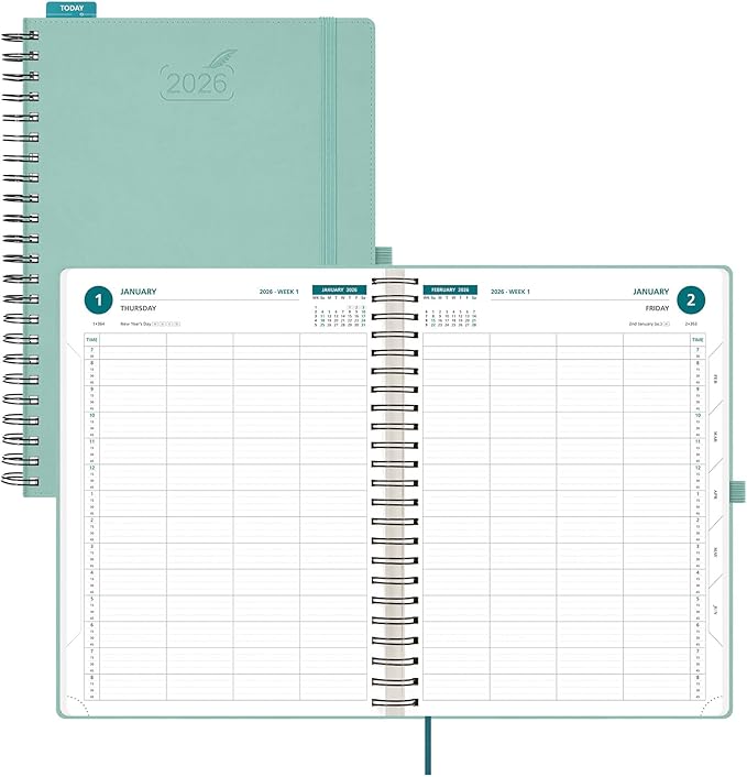 BEZEND Daily Appointment Book 2026 Page per Day Even Weekends (Large-8.25" x 11.75") 15-Minute Timeslots in 4 Columns, Monthly Planner with Tabs & Week Schedule, PU Leather Softcover in Mint Green