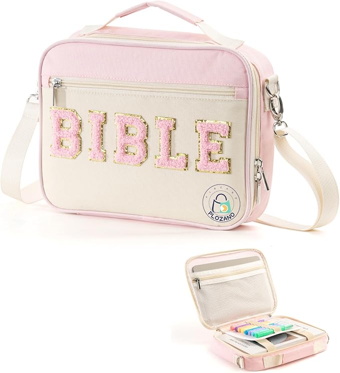 PLOZANO Bible Cover Case for Women, Large Chenille Letter Bible Bag with Shoulder Strap,Pink Bible Carrying Tote Bags for Bible Study Accessories, for Women Lady Teen Grils