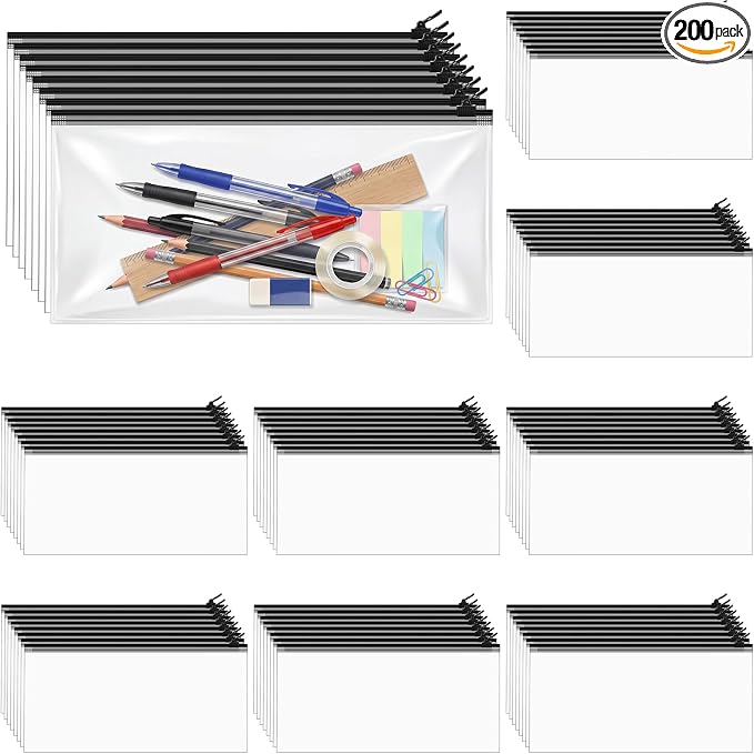 ReliThick 200 Pcs 9.5 x 4.3 Inches Zipper Pencil Pouches Bulk Pencil Case for Office School Supplies Classroom Organization Travel Cosmetics Toiletry Bags Storage Money Pouches for Cash (Black)