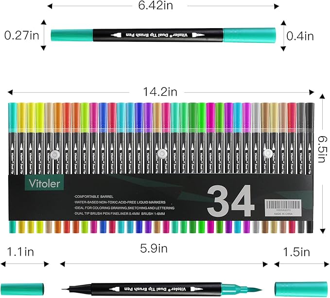 Vitoler Markers Highlighters,34 Colored Brush Markers Dual Tip Brush Pens for Art Supplies,Artist Highlighters for Kids Adult Coloring Books No Bleeding(34 Colors Pen)