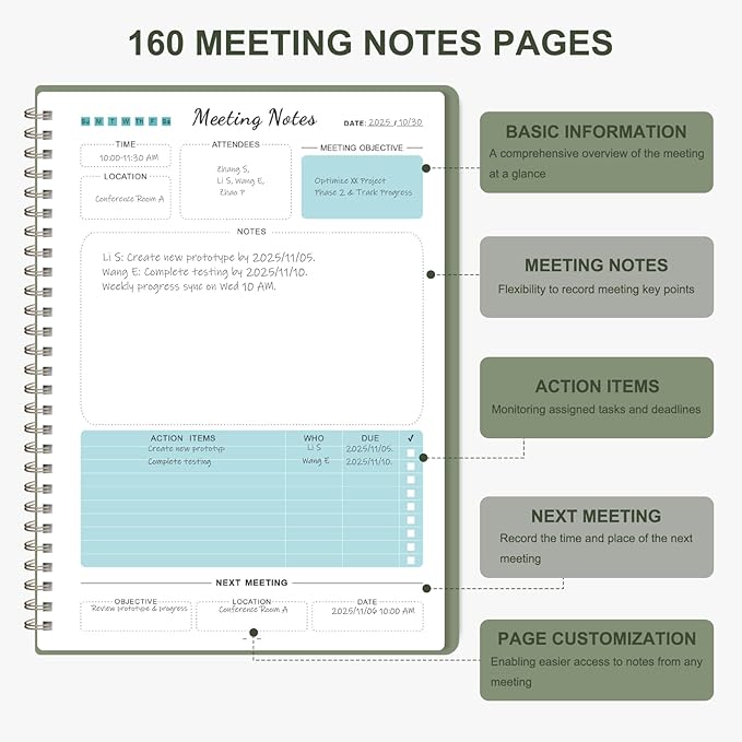 Meeting Notebook for Work Organization, Work Planner Notebook with Action Items, Project Agenda Planner for Note Taking, 160 Pages (6.9" X 9.9"), Perfect Office School Business Supplies for Women & Men(Green)